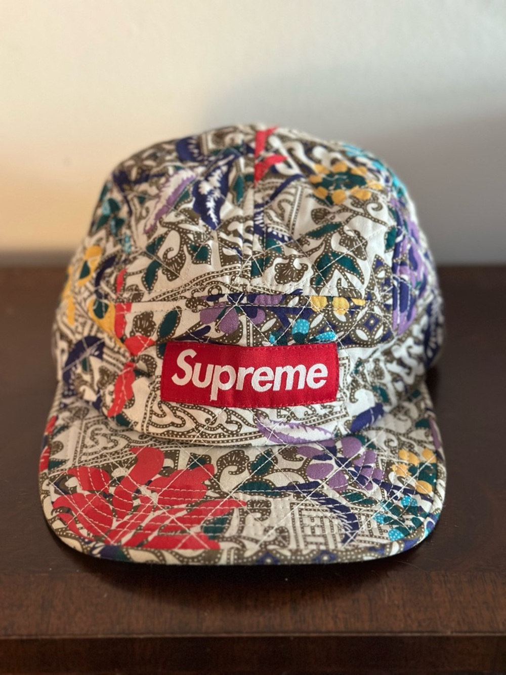 ‼️SOLD‼️ Supreme Red Logo Floral Bandana Camp Cap - White Base